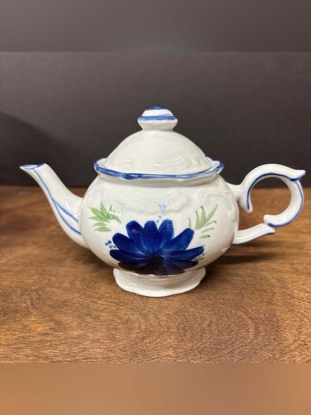 White Ceramic Teapot with Blue Floral Design